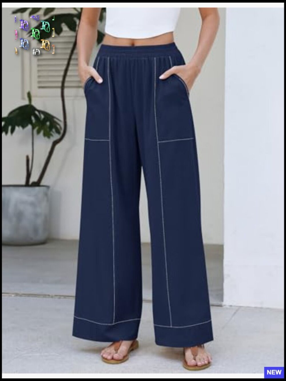 Elastic Waist Palazzo Pants Casual Wide Leg Baggy Lounge Trousers Pockets - Picture 2 of 7
